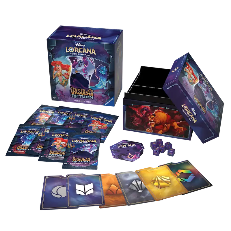 Ursula's Return Illumineer's Trove featuring booster packs, deluxe storage box, and collectible cards.