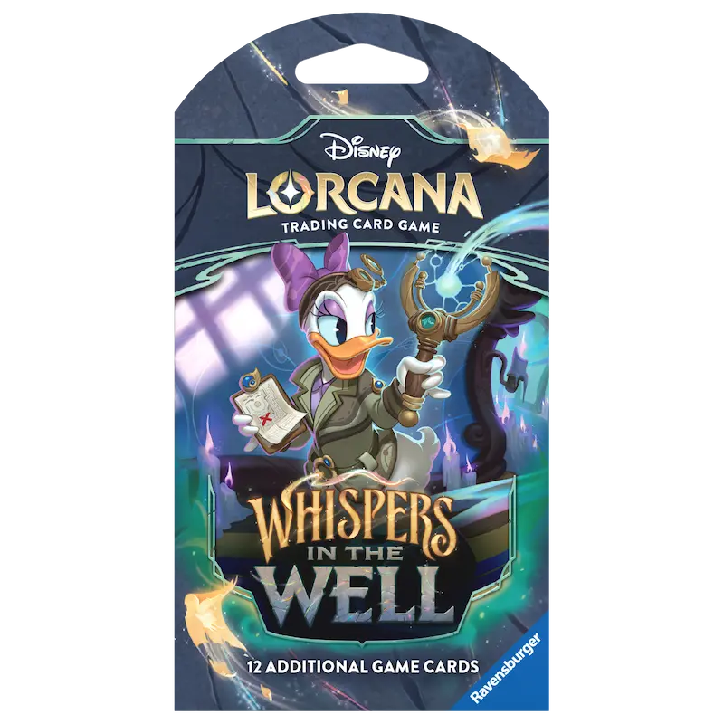 Whispers in the Well Sleeved Booster pack featuring Disney Lorcana trading cards and character art.