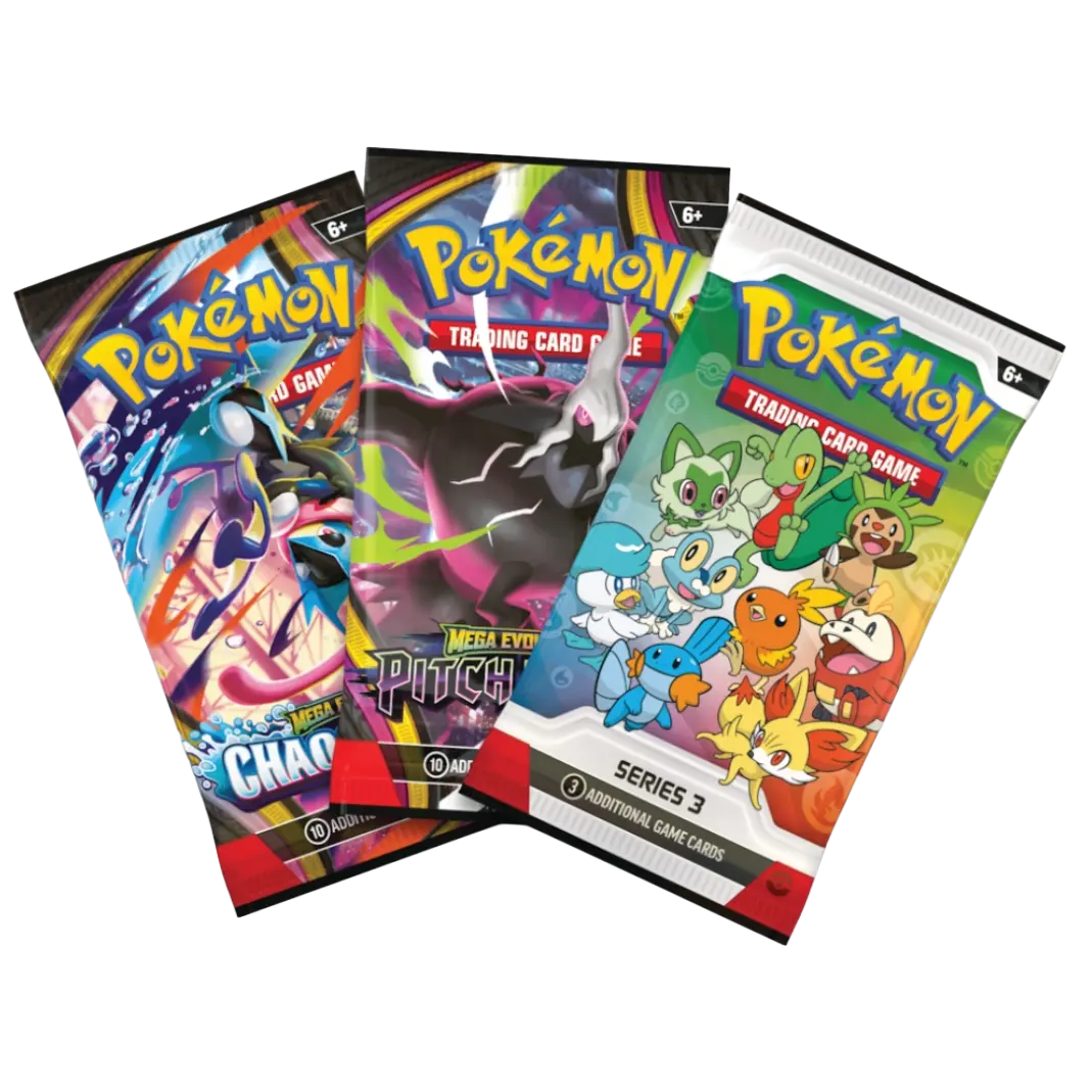 Packs de boosters Pokémon TCG Collection d'Illustrations des Premiers Partenaires Série 3 mettant en vedette des Pokémon emblématiques.