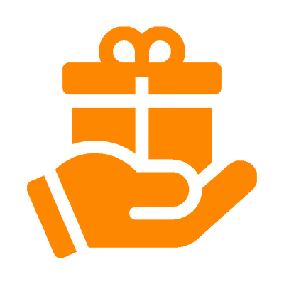 Grafik einer orangen Hand, die eine Geschenkbox mit einer Schleife hält, was Schenken und Lieferung symbolisiert.