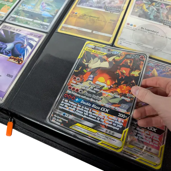 4 Pocket Oversized Card Binder holding a Jumbo trading card in ultra clear compartment, featuring shiny surface and smooth zipper.