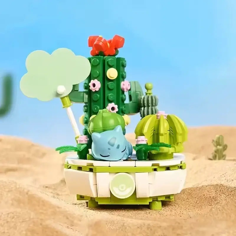 Keeppley Pokémon Bonsai 1.0 Kanto set featuring Bulbasaur with cacti and greenery.