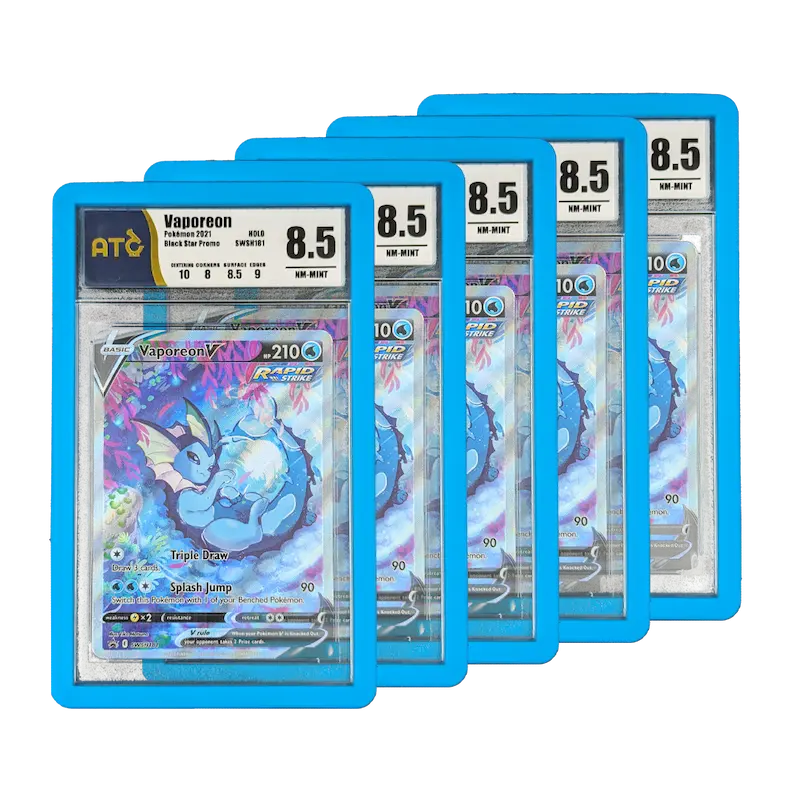 PSA Slab Bumper - Light Blue protecting graded cards, featuring multiple PSA slabs with Vaporen cards.
