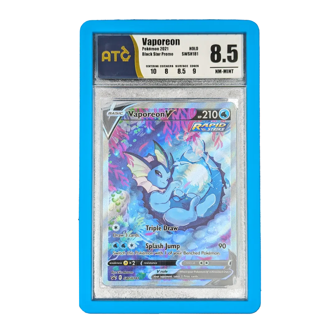 PSA Slab Bumper - Light Blue used to display a graded Vaporeon card with a score of 8.5.