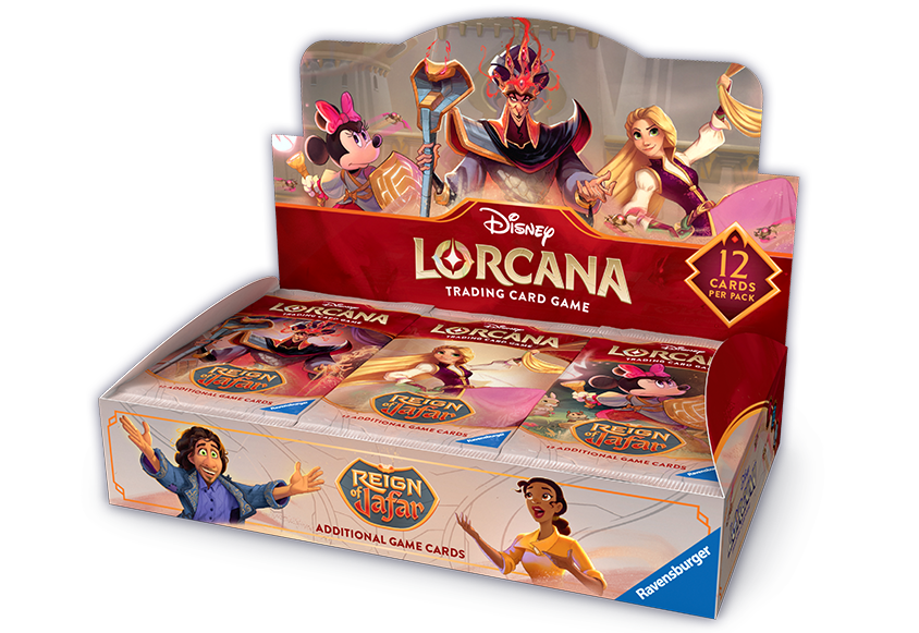 Boîte Le Règne de Jafar (en direct) affichée dans une boîte colorée du jeu de cartes à collectionner Lorcana.