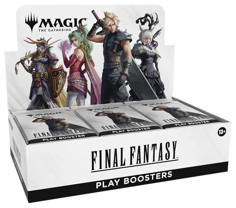 Boîte de boosters Final Fantasy de Magic: The Gathering, avec des personnages emblématiques prêts pour un gameplay épique.
