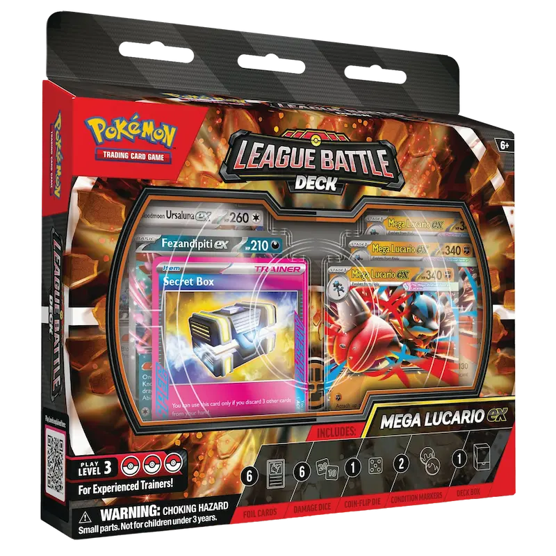 League Battle Deck Mega Lucario ex featuring Mega Lucario ex and Ferandpit ex Pokémon cards.