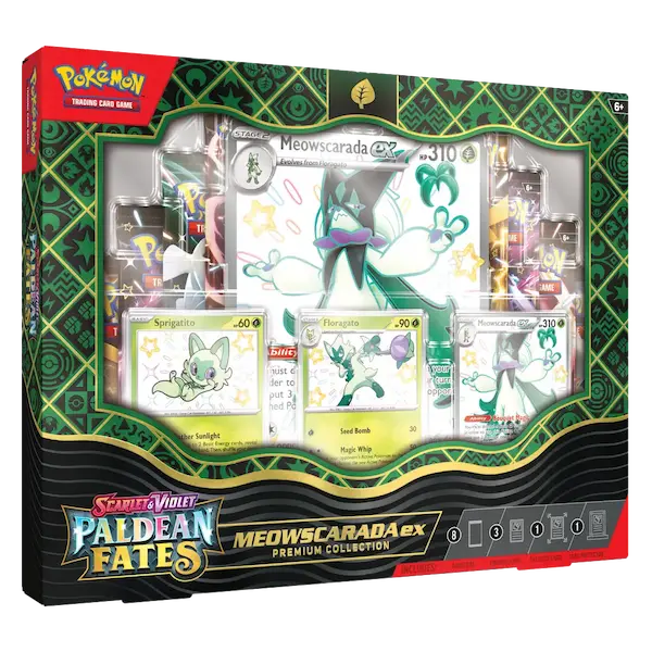 Meowscarada EX Premium Collection van Pokémon TCG met glimmende Pokémon-kaarten en accessoires uit SV04.5 Paldean Fates.