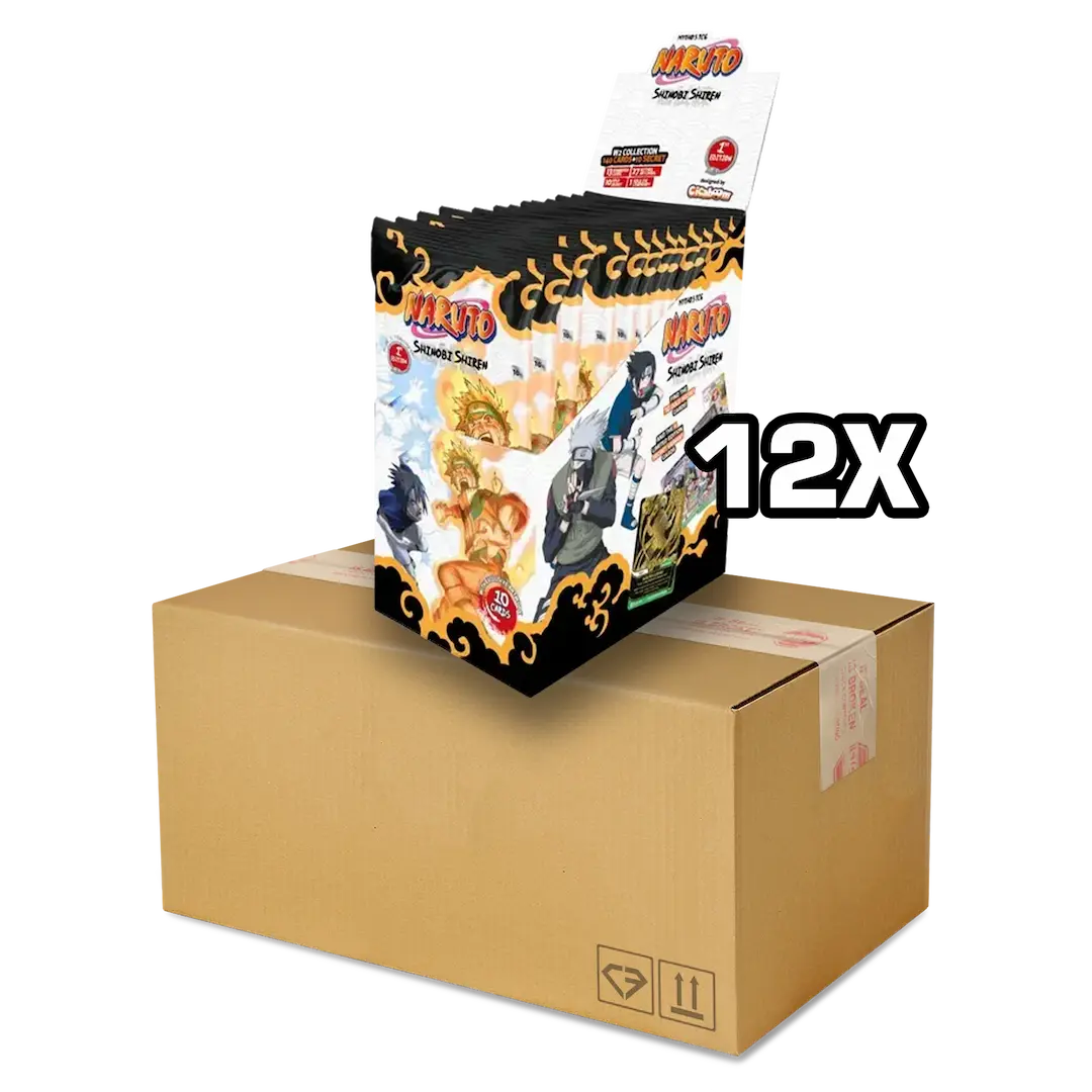 Naruto Shinobi Shiren Booster Box Case (1st) displayed atop a cardboard box, featuring artwork and 12 packs.