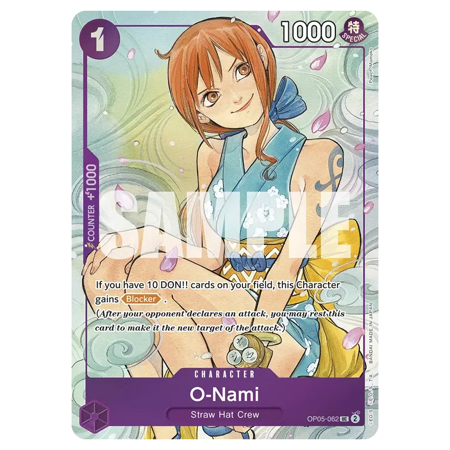 Dash Pack 2025 met O-Nami-personagekaart uit One Piece Card Game met alternatieve illustratie.