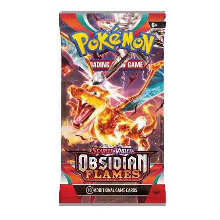 Pokémon Obsidian Flames Booster Pack met Charizard, onderdeel van de SV03-serie met 10 extra spelkaarten.