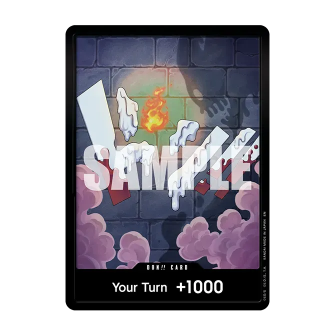 Illustration de carte échantillon du set Double Pack Vol.11 du jeu de cartes One Piece OP16 avec flamme et effet de boost de tour.