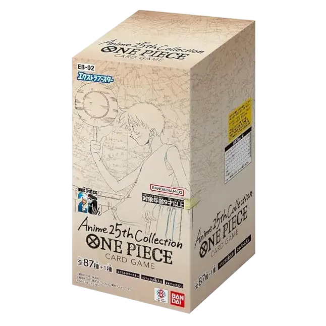 25th Collection Japanese Booster Box packaging for One Piece TCG featuring anime artwork and game details.