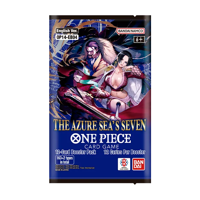 The Azure Seven Booster pack for One Piece card game featuring popular characters and 12 cards per booster.