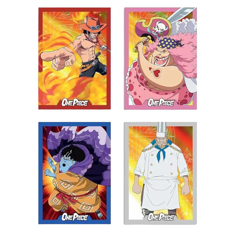 Vier einzigartige Karten aus der One Piece Panini 25th Anniversary Booster Box (Livestream) mit beliebten Charakteren.
