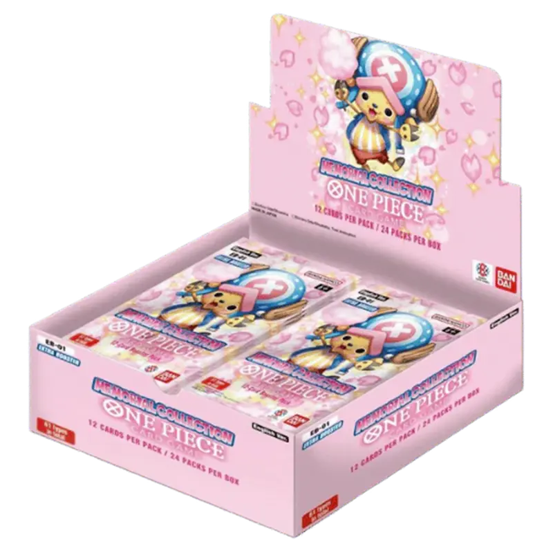 Memorial Collection Booster Box featuring One Piece TCG with 24 booster packs and 12 cards per pack.