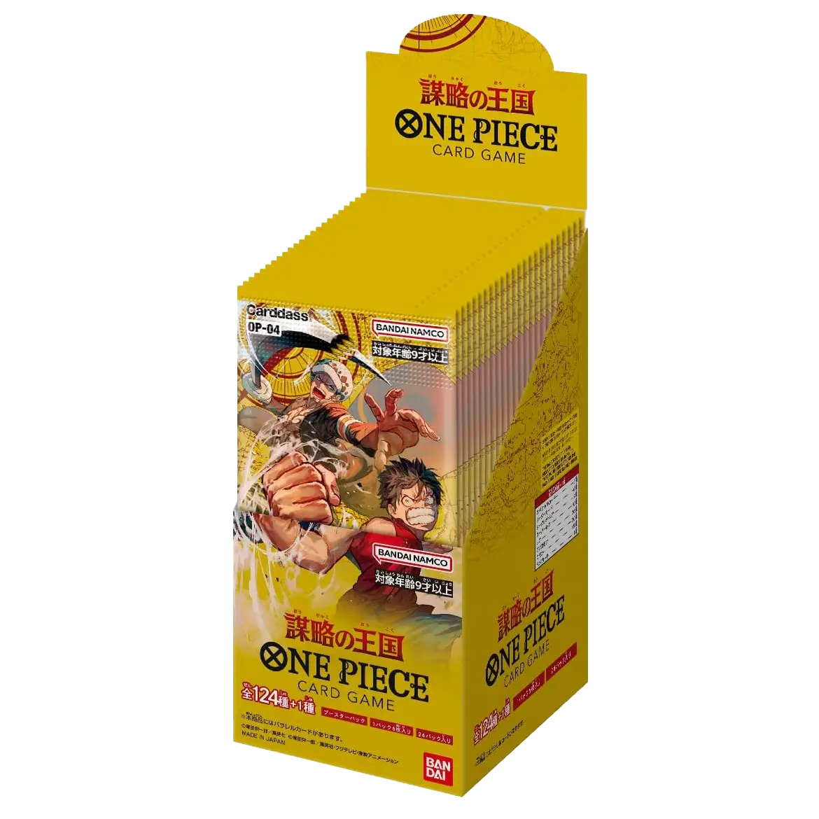 Kingdoms of Intrigue Japanische Booster Box mit One Piece Kartenspiel und 24 Booster-Packs.