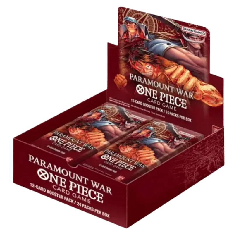 Paramount War Booster Box featuring One Piece TCG, containing 24 booster packs with unique cards.