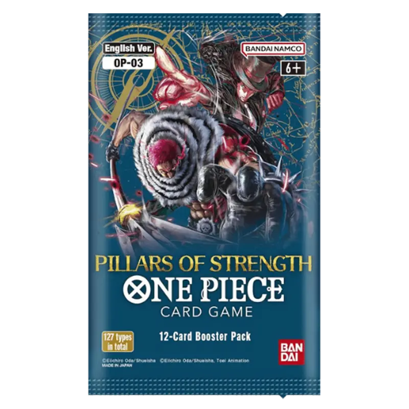 Pillars of Strength Booster Box featuring One Piece TCG card pack with 12 unique cards.
