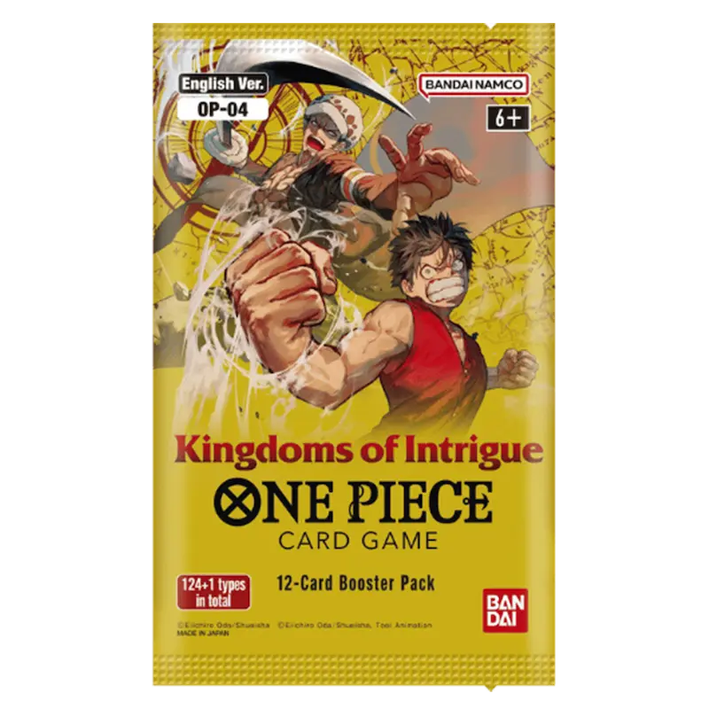 One Piece TCG Kingdoms of Intrigue Booster Pack featuring unique characters and artwork, English version by Bandai.