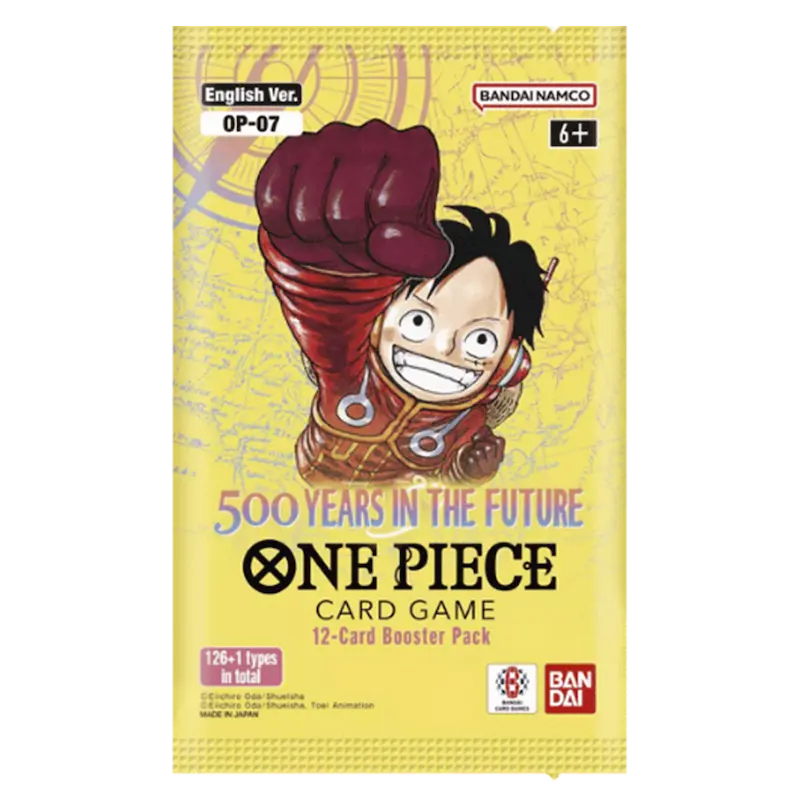 500 Years in the Future Booster pack from One Piece TCG featuring Luffy on the cover, released June 28th 2024.