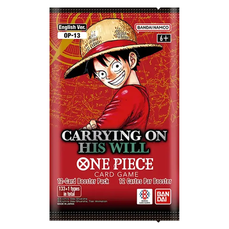 One Piece TCG Carrying on His Will Booster Box featuring Luffy on the packaging, includes 12 unique cards.