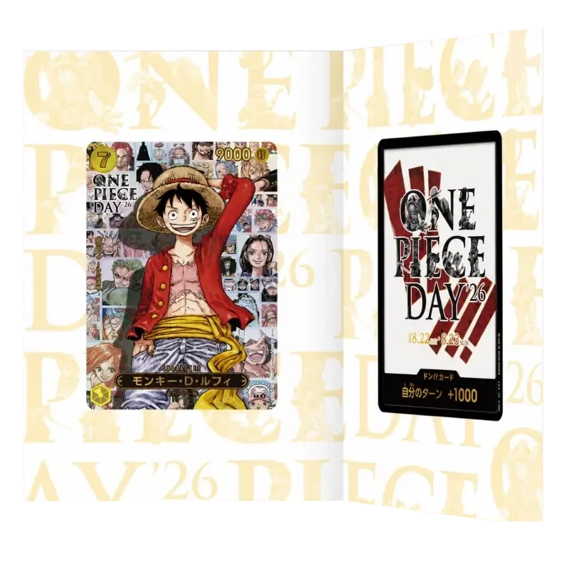 One Piece Day 26 Promo featuring Monkey D. Luffy card inside commemorative display folder.