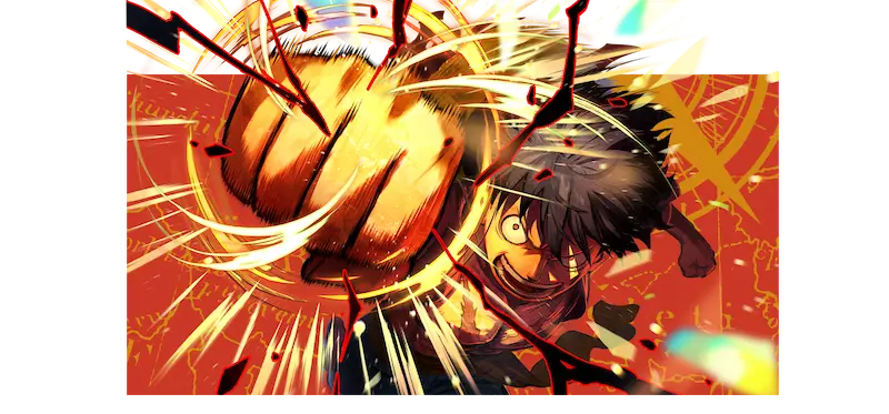 Dynamic anime character launching a powerful punch with explosive effects against a vibrant red background.
