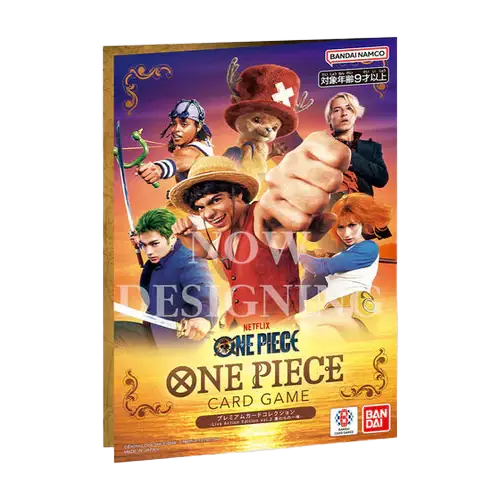 One Piece Premium Card Collection Live Action Straw Hats promotional image featuring characters from the series, designed by Bandai Namco.
