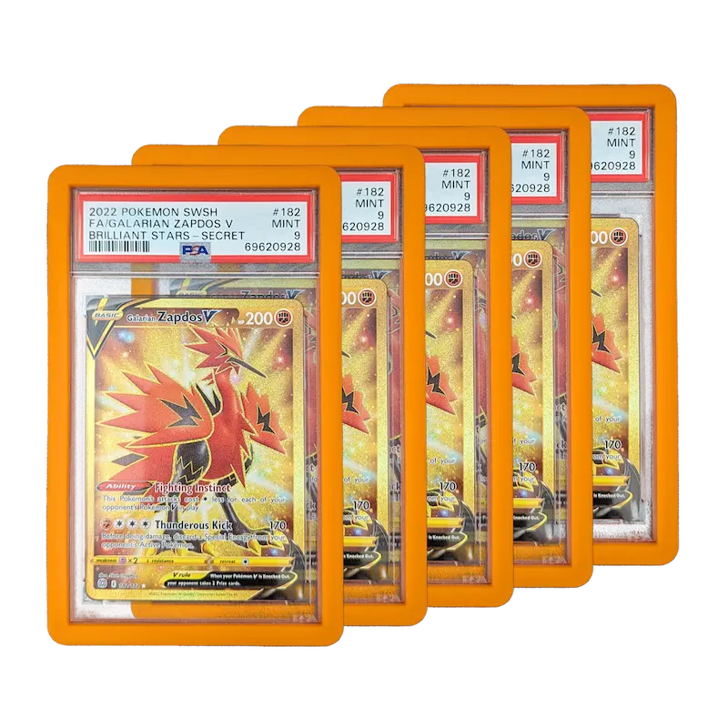 PSA Slab Bumper - Orange protecting multiple graded Pokémon cards in vibrant orange silicone cases.