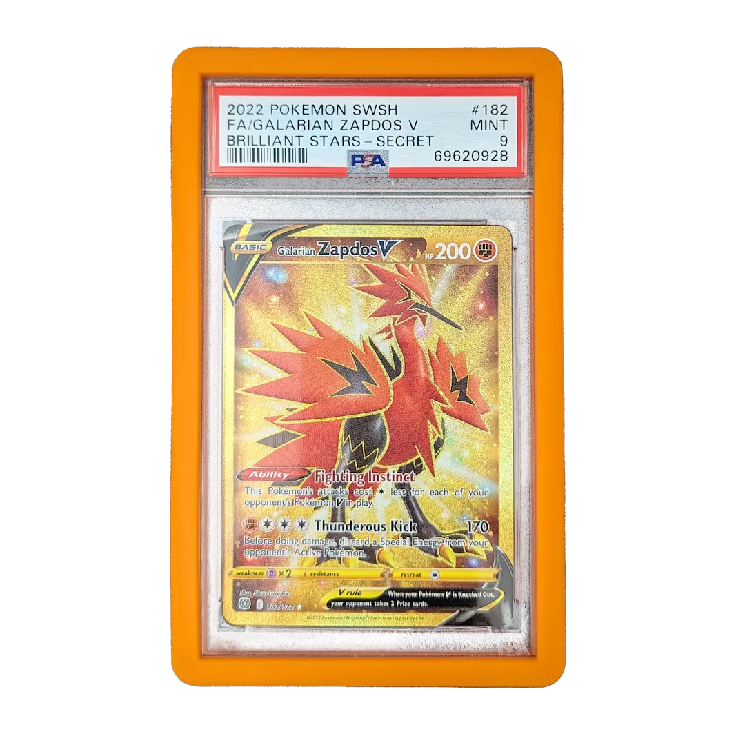 PSA Slab Bumper - Orange protecting a graded Pokemon card featuring 2022 Galarian Zapdos V.