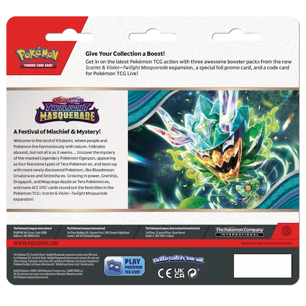 Pokémon SV06 Twilight Masquerade 3-Pack Blister back featuring booster packs, promo card, and Pokémon TCG Live code.