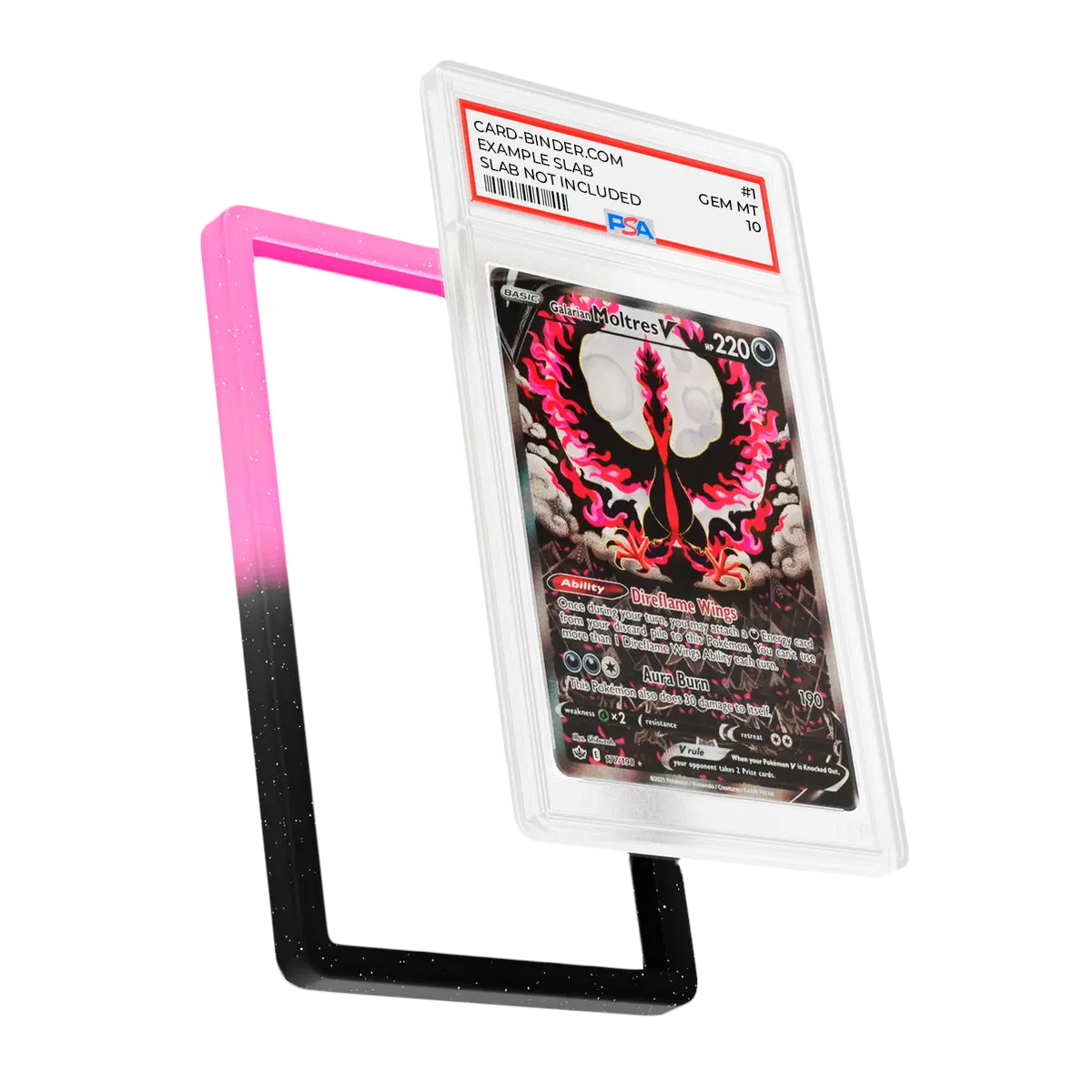 PSA Slab Guard - Eclipse featuring a black and pink gradient design for Moltres PSA 10 protection.