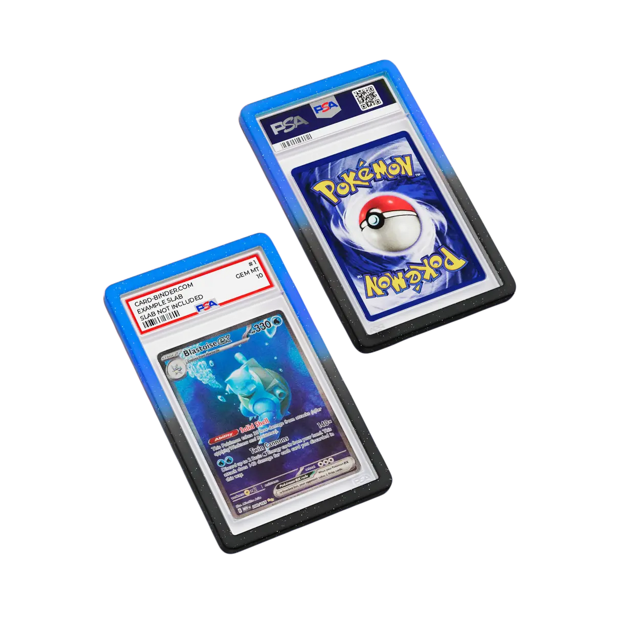 PSA Slab Guard - Abyssal beschermt een Blastoise PSA 10 verzamelkaart met kleurrijk gradiëntontwerp.