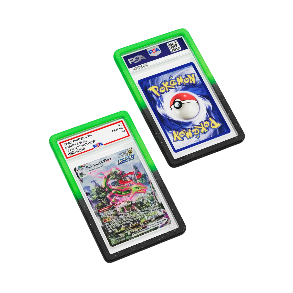 PSA Slab Guard - Aurora on a Pokémon card protecting Rayquaza PSA 10 with radiant sparkle design.