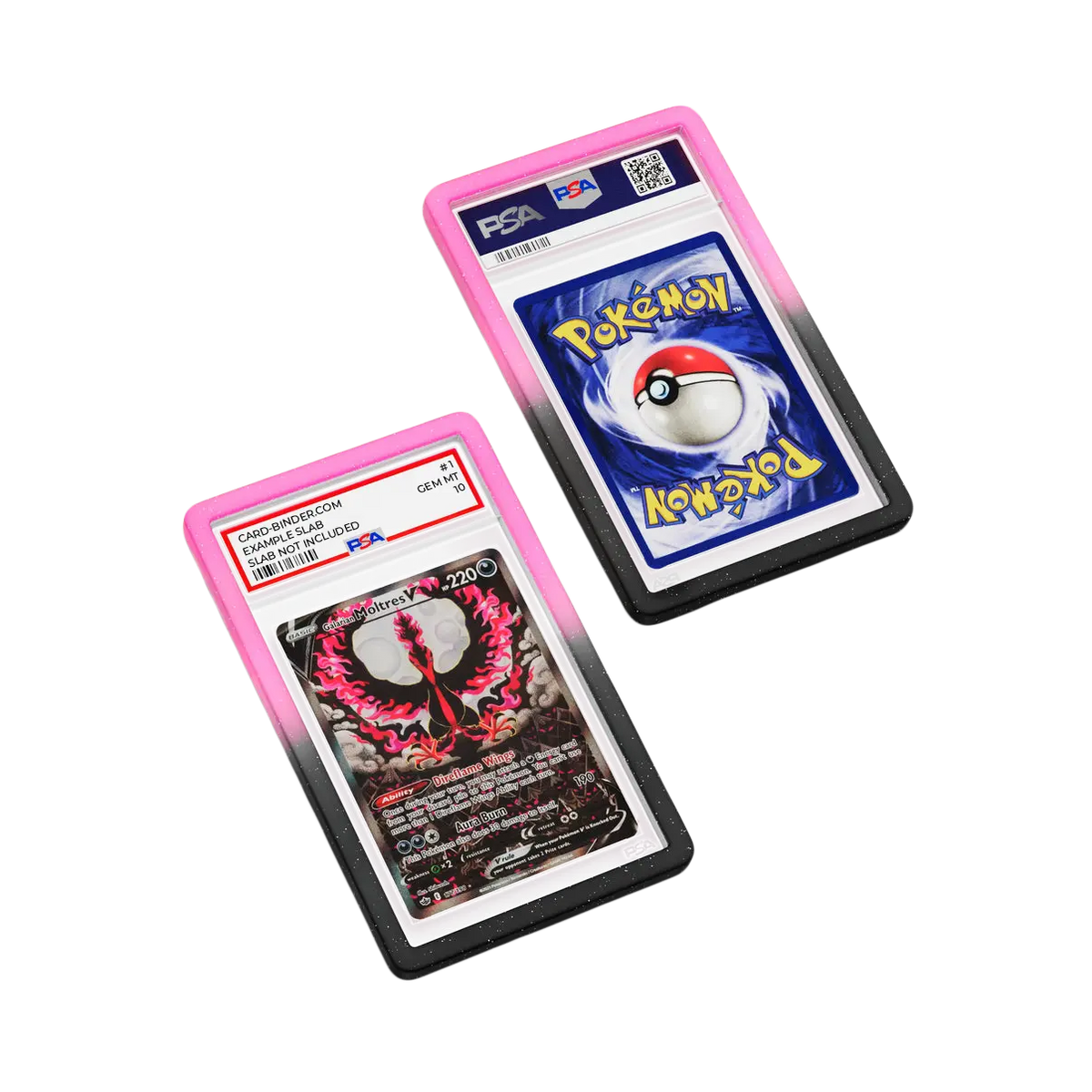 PSA Slab Guard - Eclipse featuring a Moltres PSA 10 Slab in black and pink gradient with radiant sparkle design.