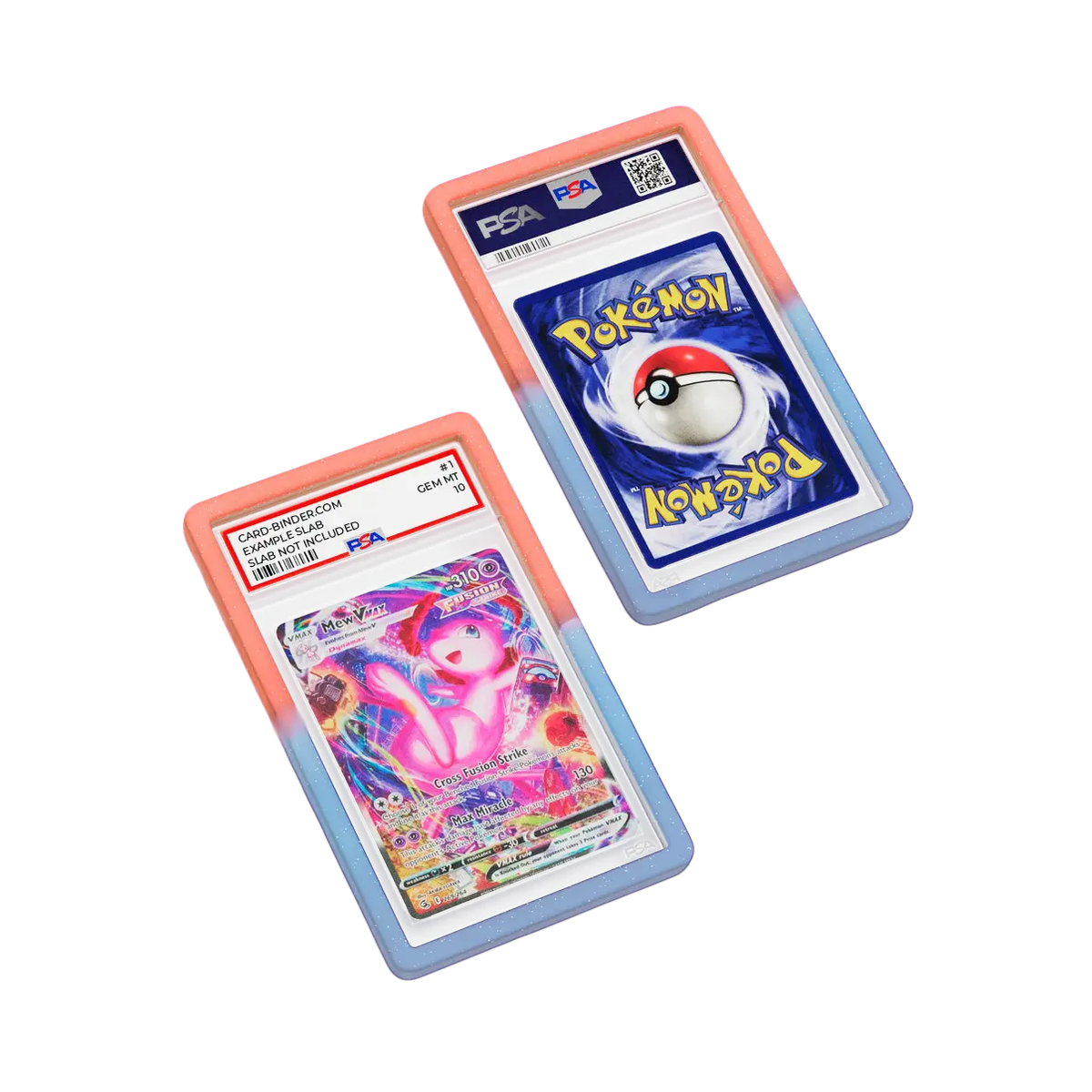 PSA Slab Guard - Stellar protecting Mew PSA 10 Slab with vibrant gradient design and Pokémon background.