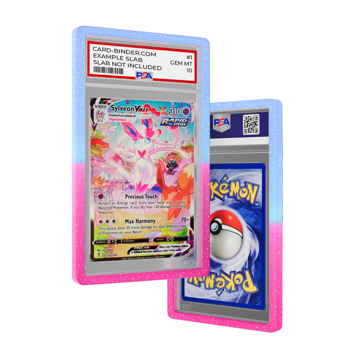 PSA Slab Guard - Fairytale protecting Sylveon PSA 10 slab in gradient pink and blue design with radiant sparkle.