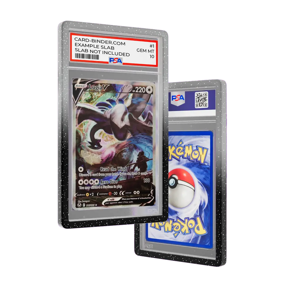 PSA Slab Guard - Graphite protecting a Lugia PSA 10 slab, showcasing a beautiful gradient design and vibrant colors.