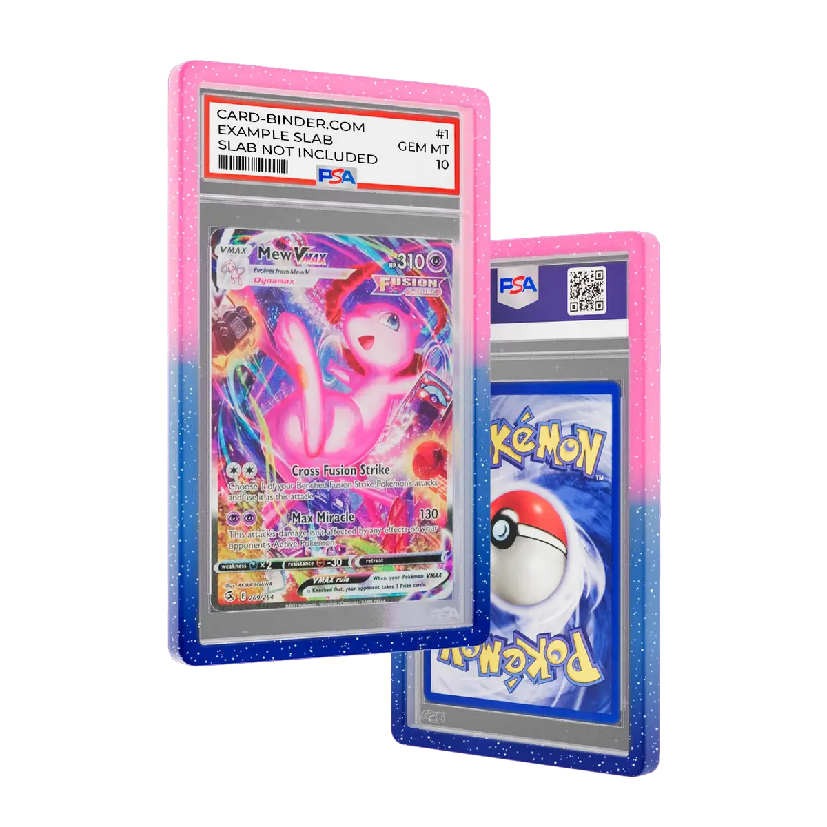 PSA Slab Guard - Whimsical colored gradient bumper protecting a Mew PSA 10 Slab in vibrant pink and blue design.