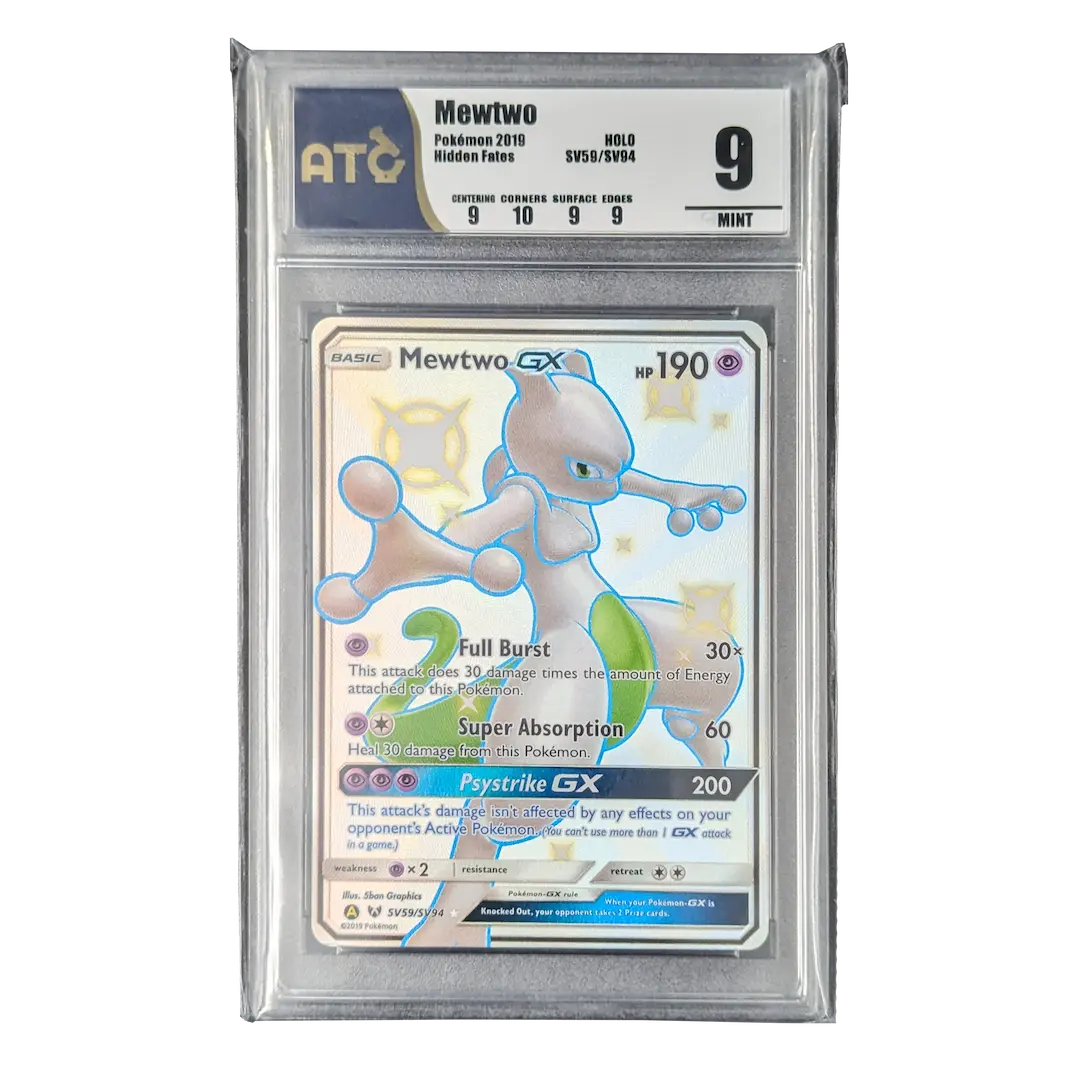 Pochettes PSA Slab Sleeves protégeant une carte à collectionner Mewtwo GX en parfait état de 2019.