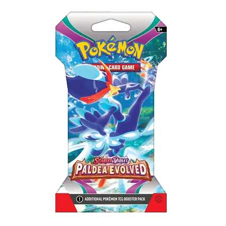 Booster pack sous scellé Pokémon SV02 Paldea Evolved avec des graphismes dynamiques et de nouveaux Pokémon passionnants.
