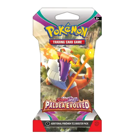 Booster pack Pokémon SV02 Paldea Evolved mettant en vedette un Meowscarada ex éblouissant de la série Écarlate et Violet.