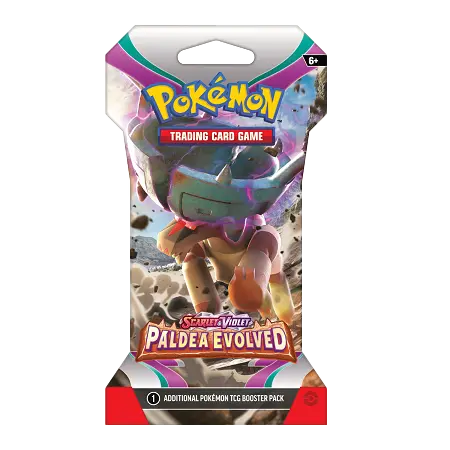 Booster sous blister Pokémon SV02 Paldea Evolved mettant en scène le Pokémon Masskito-ex en action. Collectionnez et gagnez !