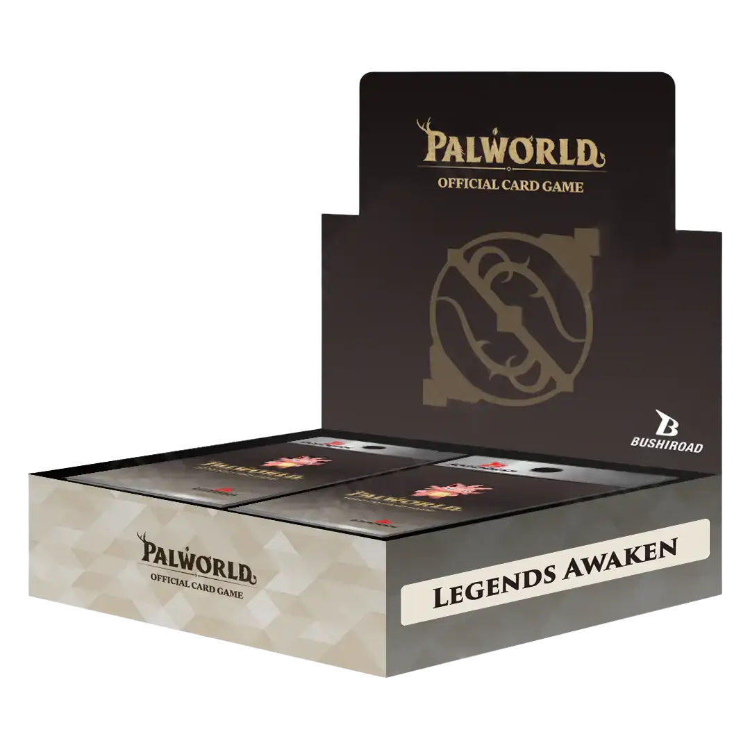 Palworld Legends Awaken Booster box displayed in a retail setting showcasing the cards and packaging.