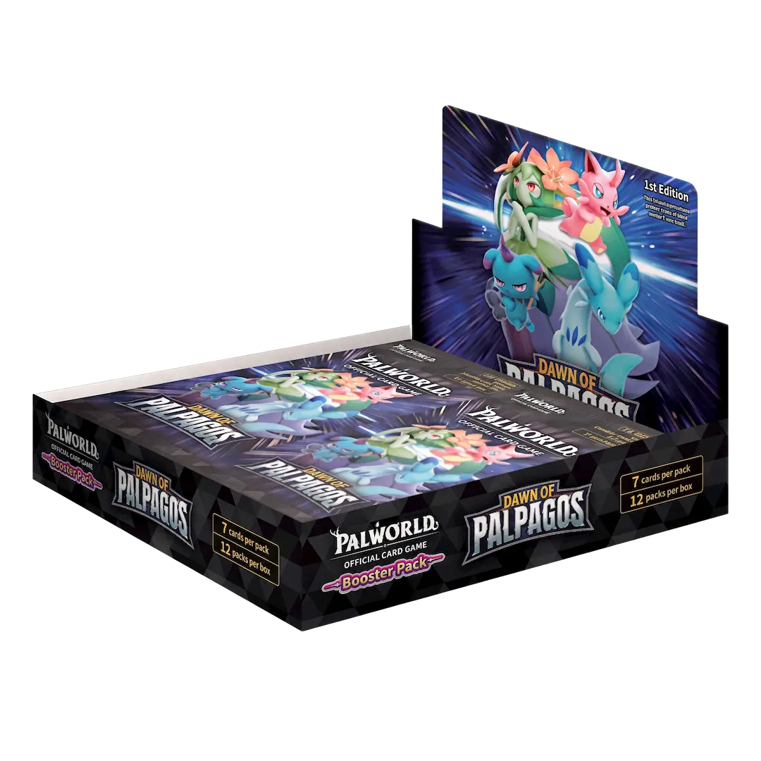 Palworld Dawn of Palpagos Booster box featuring booster packs in a display box.