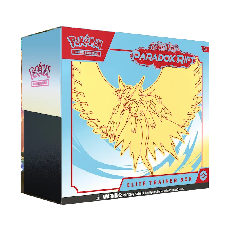 Pokémon Paradox Rift Elite Trainer Box featuring Roaring Moon artwork and vibrant design for Pokémon SV04.