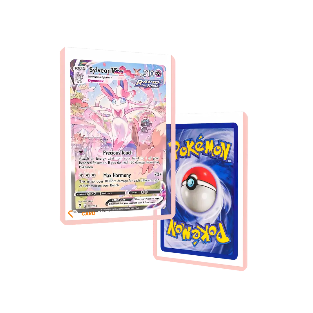 Roze Toploaders met rand die Sylveon VMAX-kaart tonen met pastelroze frame voor bescherming met hoge zichtbaarheid.
