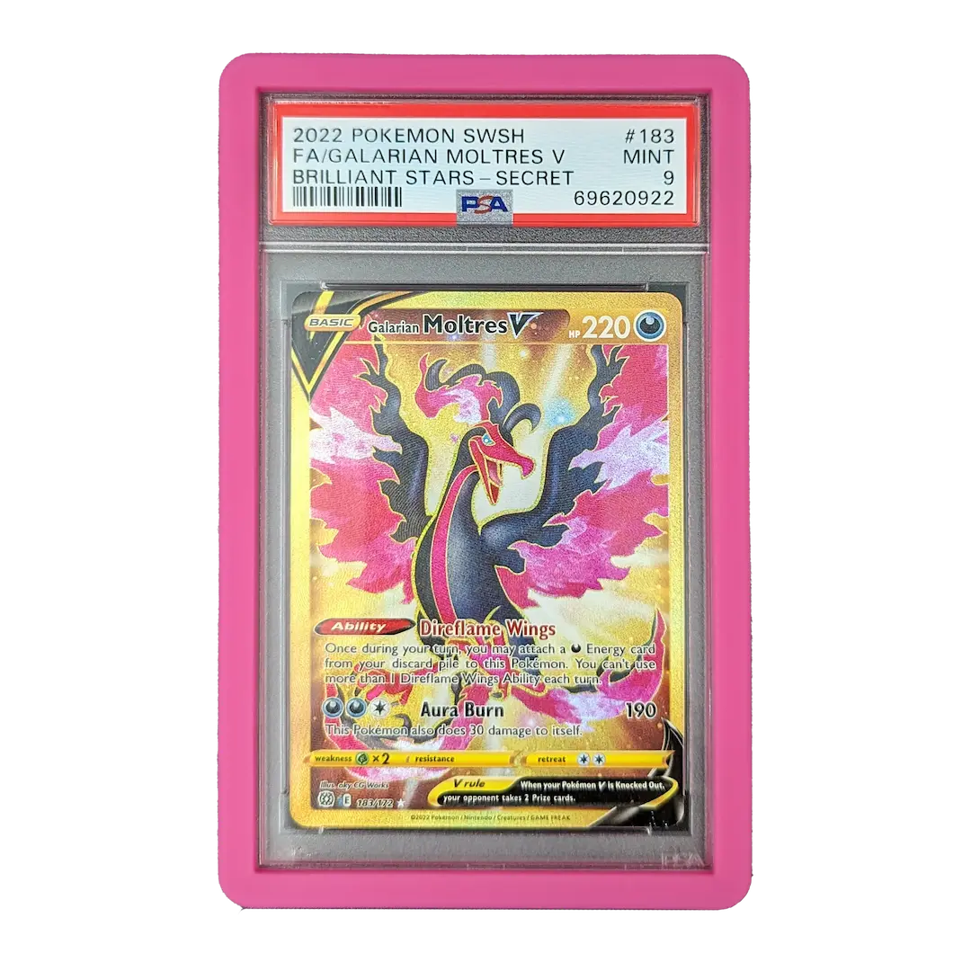 PSA Slab Bumper - Pink protecting a graded Galarian Moltres V Pokémon card in a stylish pink case.