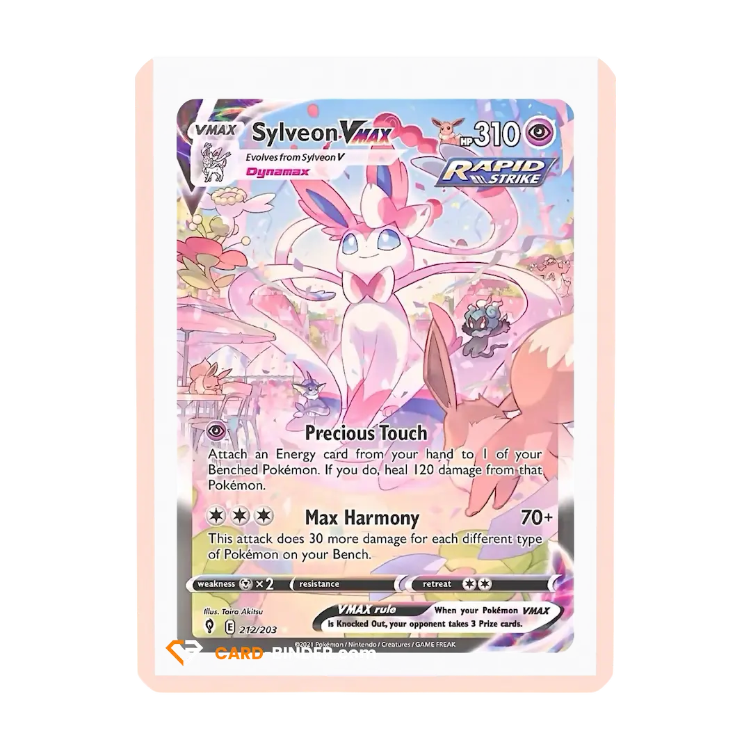 Sylveon VMAX kaart met roze rand, met de Max Harmony aanval voor kaartenverzamelaars.